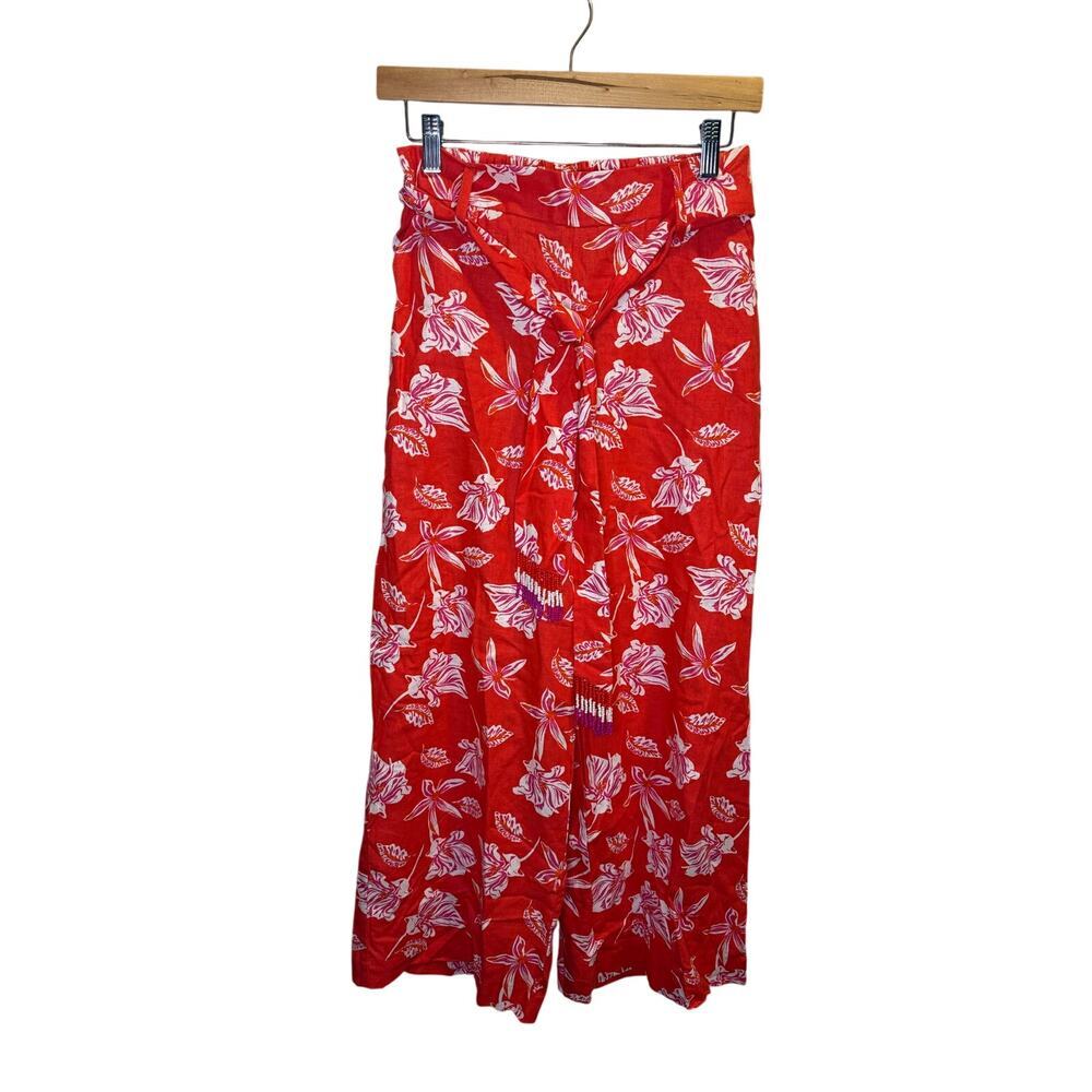 Maison d’Amelie Paris Linen Wide Leg Pants Women’s Sz XS Red Floral Beaded NWOT